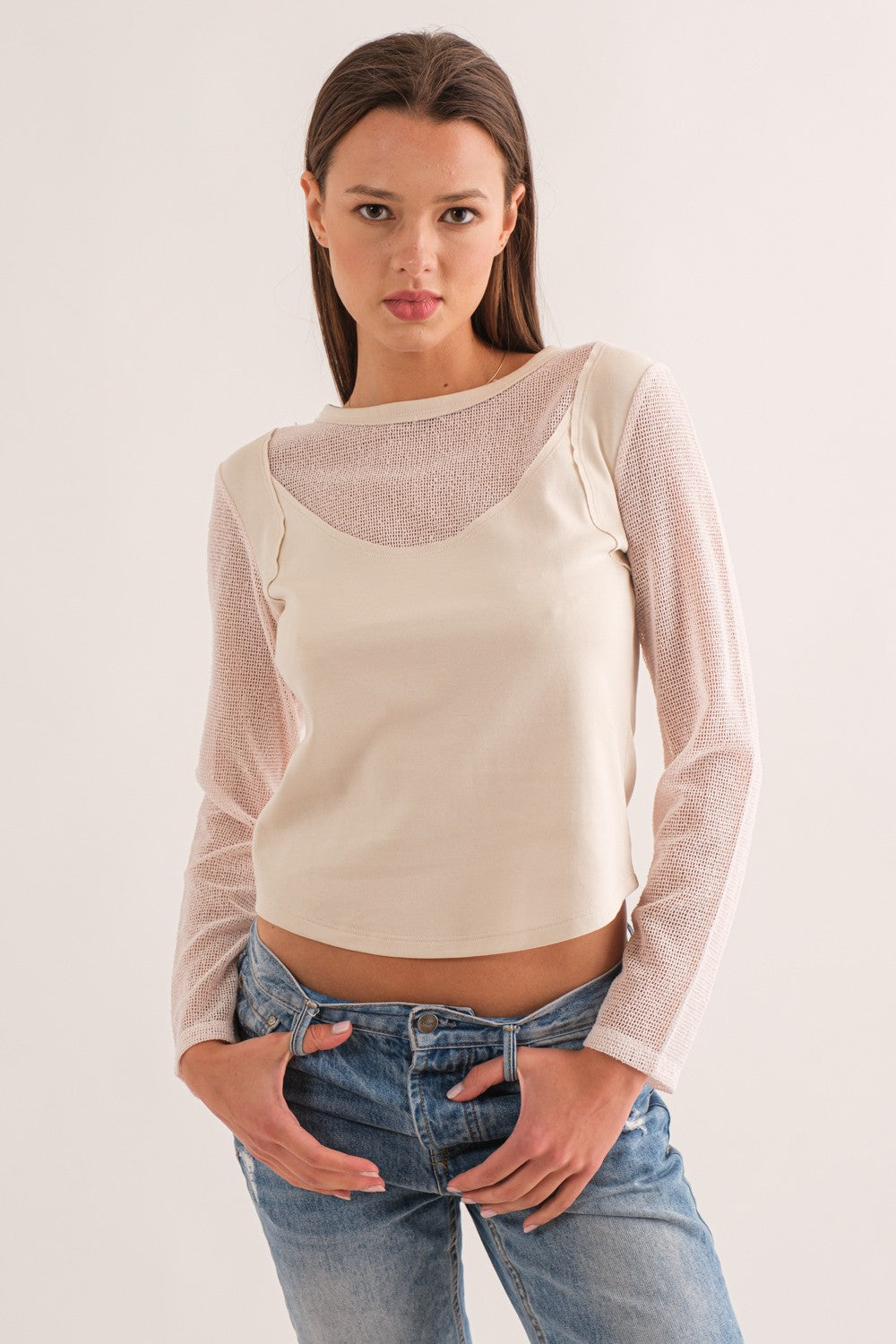 Ecru Sheer Mesh Long Sleeve Top