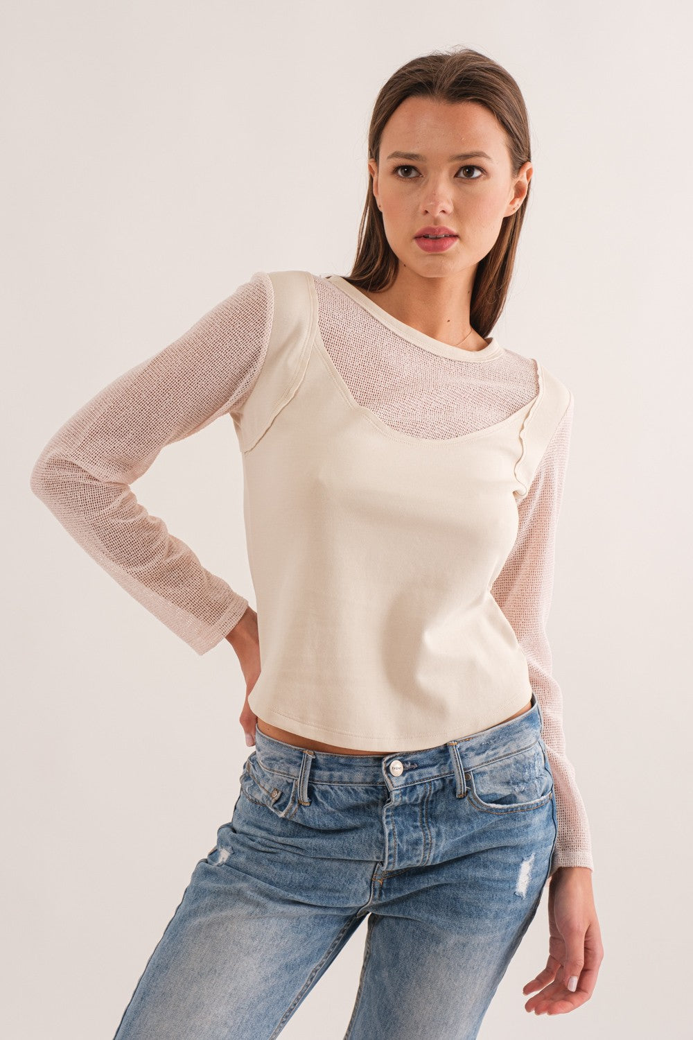 Ecru Sheer Mesh Long Sleeve Top